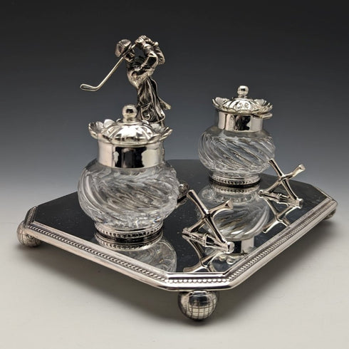 British Vintage Silver Plated Golf Design Pen Stand & Inkwell Pair